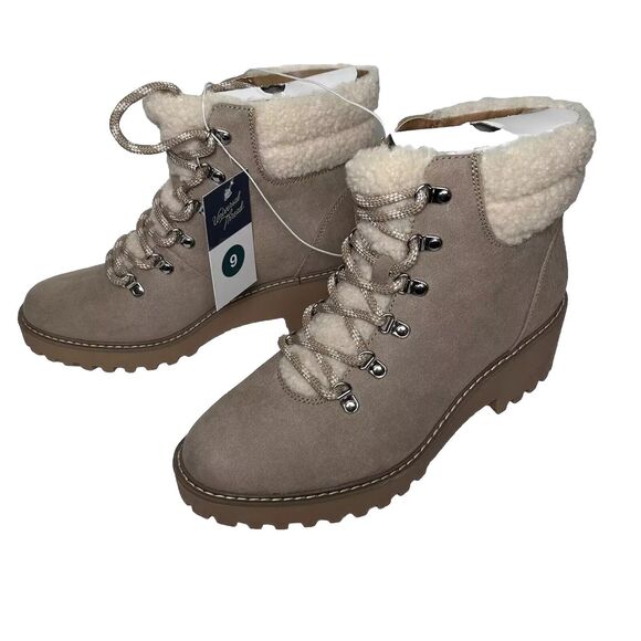 Combat Style Lace Up Boots Taupe Size 9 Sherpa Memory Foam Universal Thread Leah - Picture 1 of 13